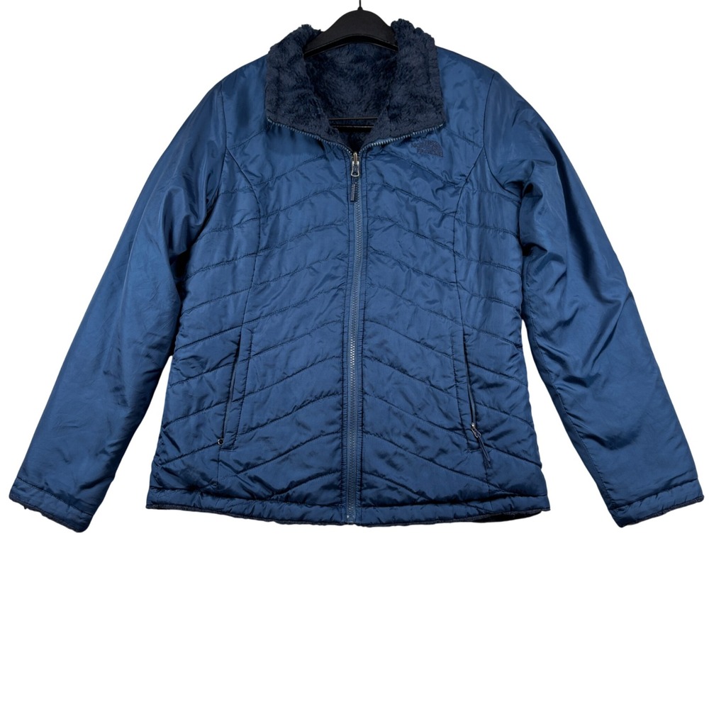 The North Face Mossbud Swirl Jacket Women M Blue Reversible Quilted Fleece Coat